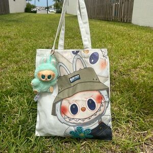 Cute Character Tote Bag with Plush Keychain